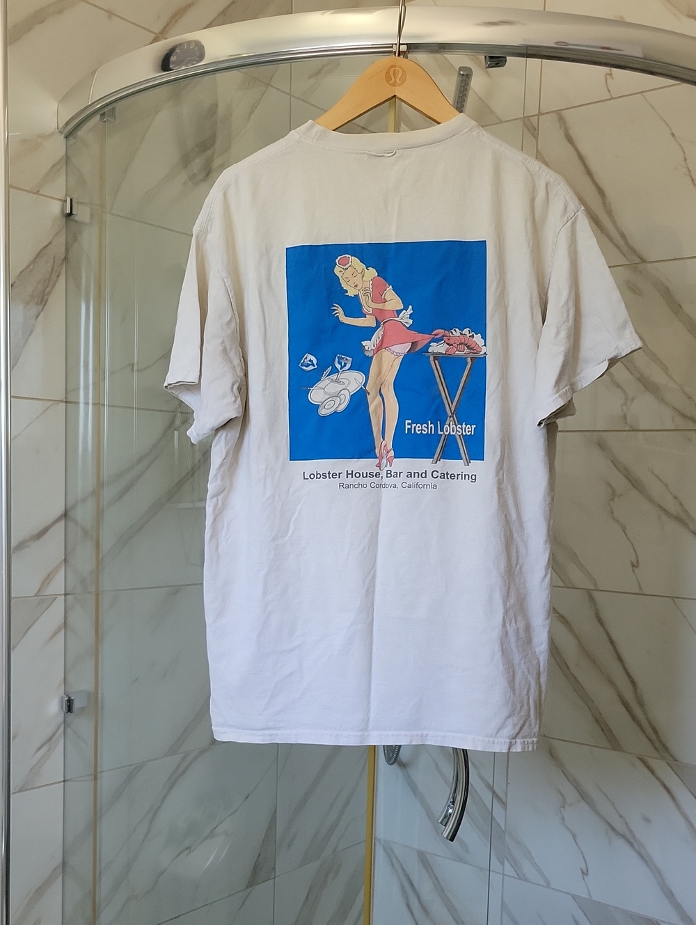 Vintage White Short Sleeve Tee with Blue & Pink Pinup Lobster Graphic